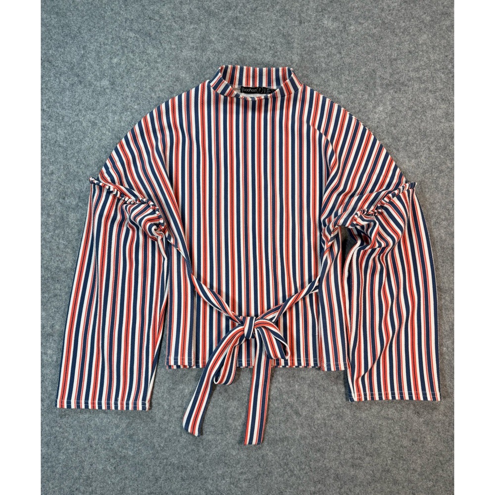 Boohoo Petite Womens Red White Blue Striped Mock Neck Tie Waist Boho Top Size 6